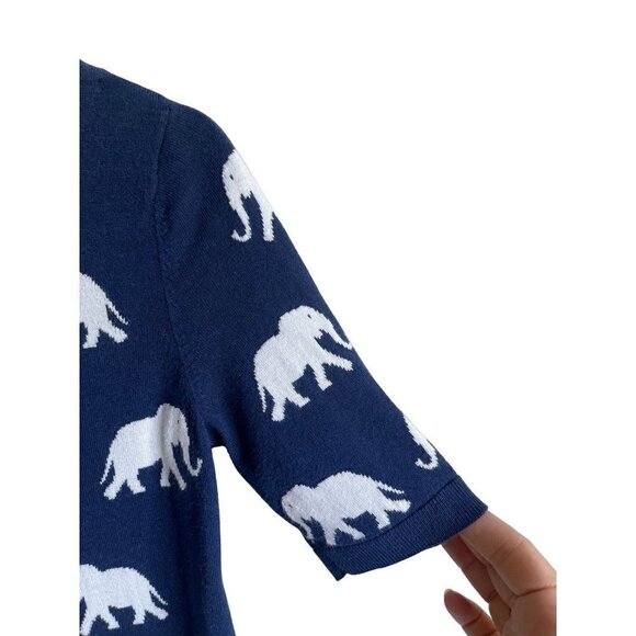 Talbots XS Elephant Allover Knit Short Sleeve Top Navy Blue White Cotton Blend - Picture 6 of 8